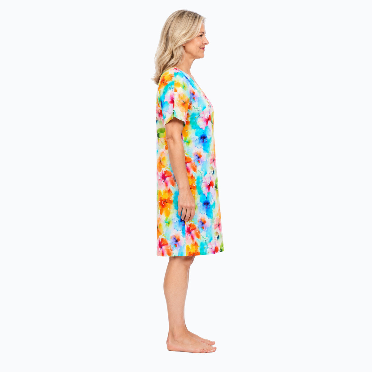 Side view of Model B wearing Claire Powell Blushing floral shift dress