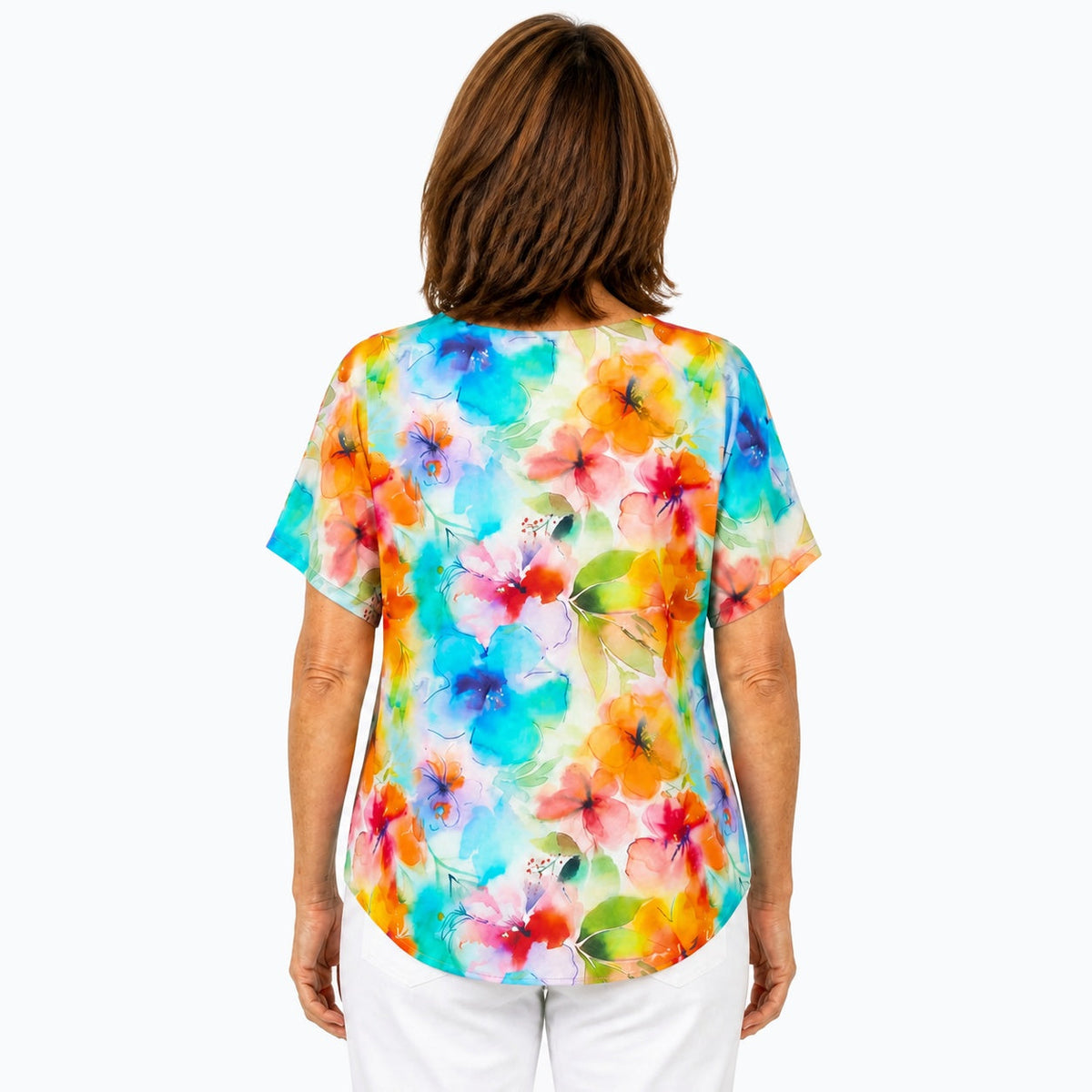 Woman wearing the Claire Powell Blushing V-Neck T-Shirt, back view