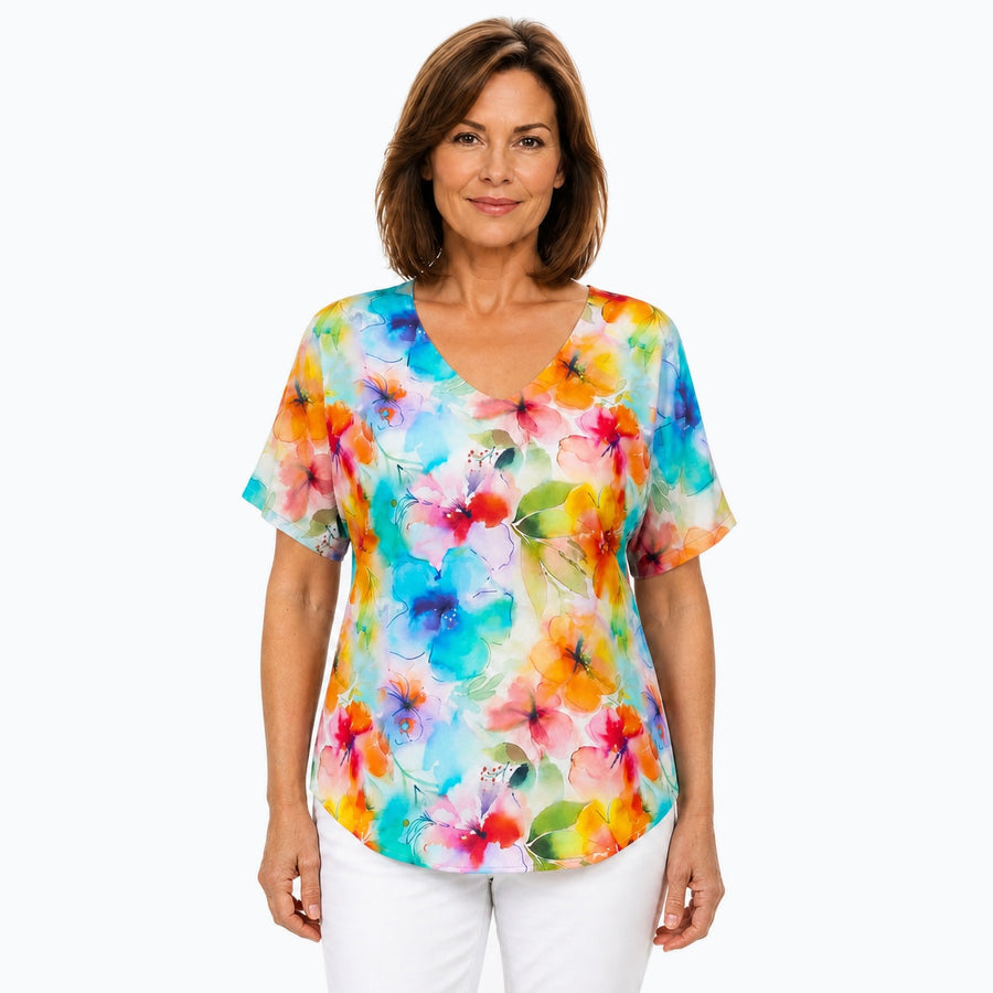 Woman wearing the Claire Powell Blushing V-Neck T-Shirt, front view