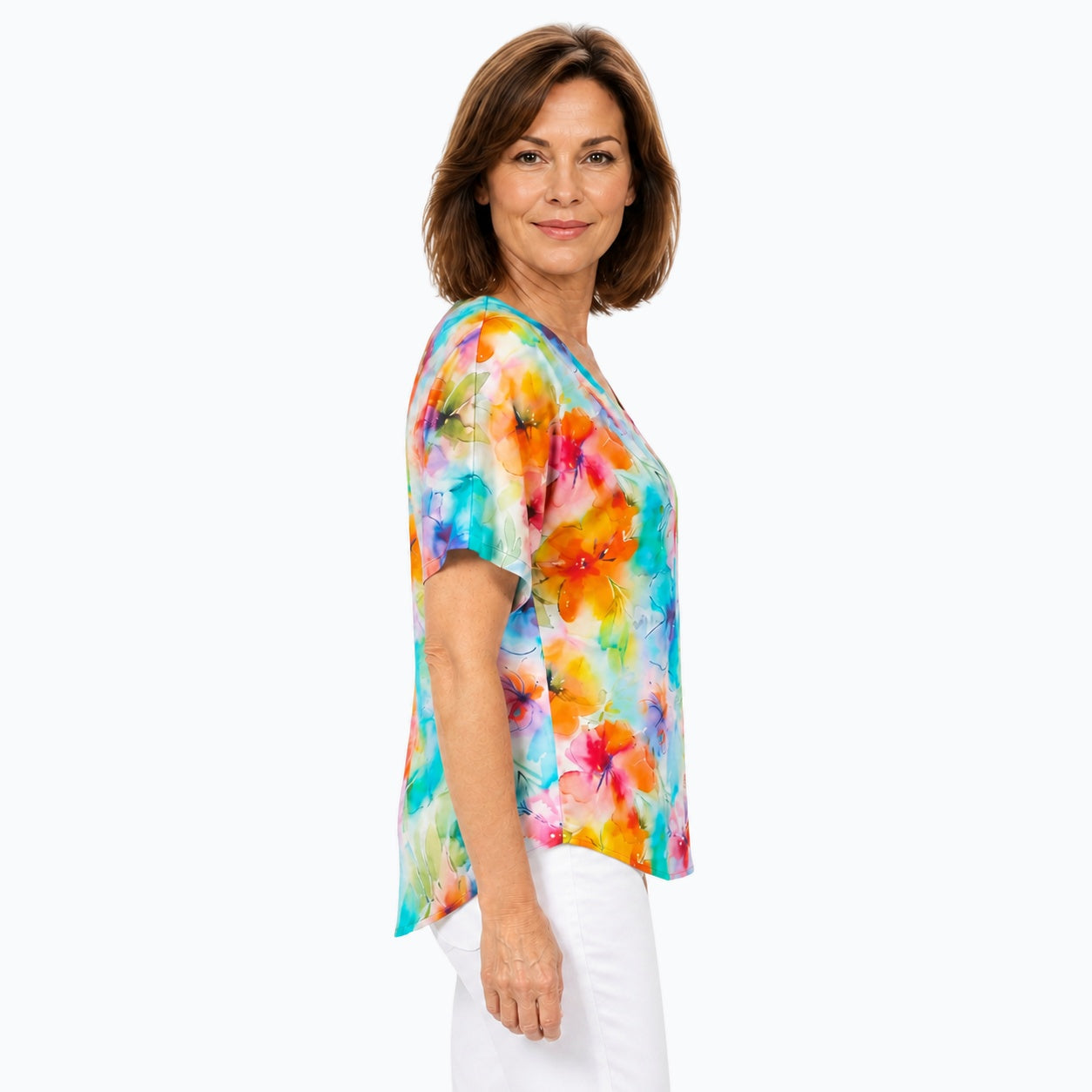 Woman wearing the Claire Powell Blushing V-Neck T-Shirt, side view