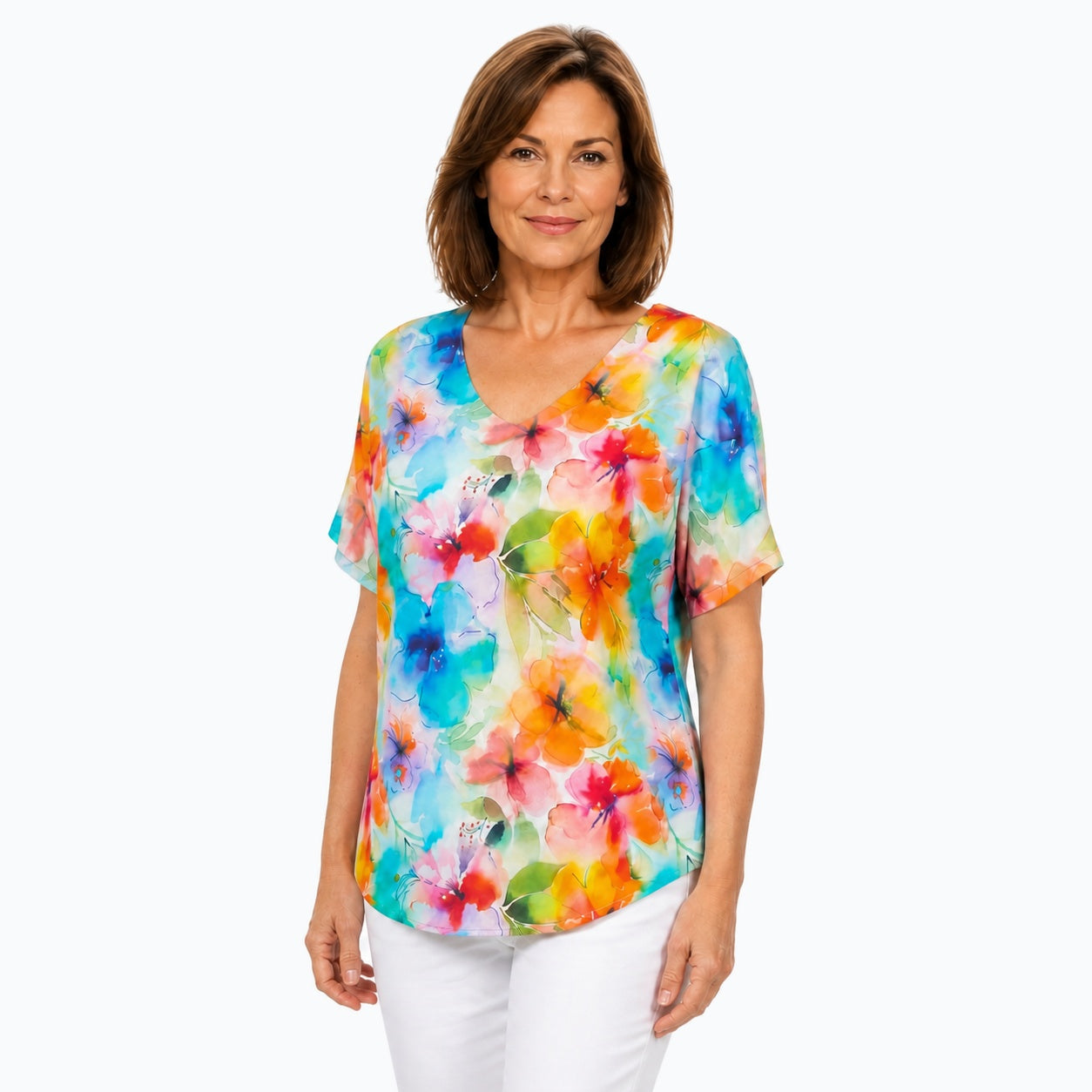 Woman wearing the Claire Powell Blushing V-Neck T-Shirt, three-quarter view