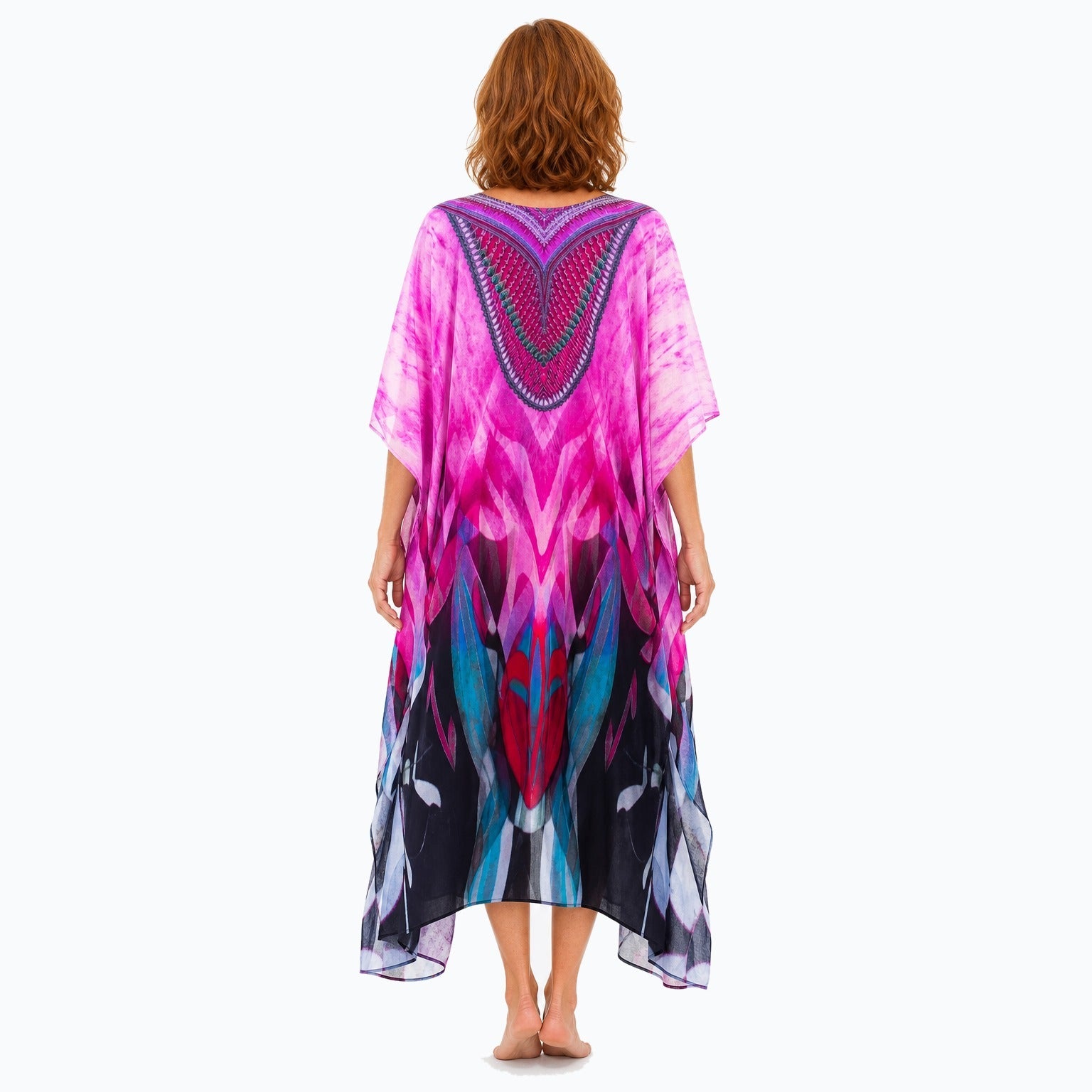 Claire Powell Brazen midi kaftan dress on a mature woman, back view