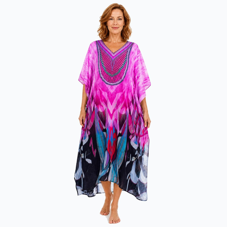 Claire Powell Brazen midi kaftan dress on a mature woman, front view
