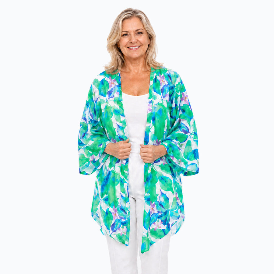 Claire Powell Broome Modal Kimono Cover-Up, balanced sharp collection front crop, Model B in white capri pants