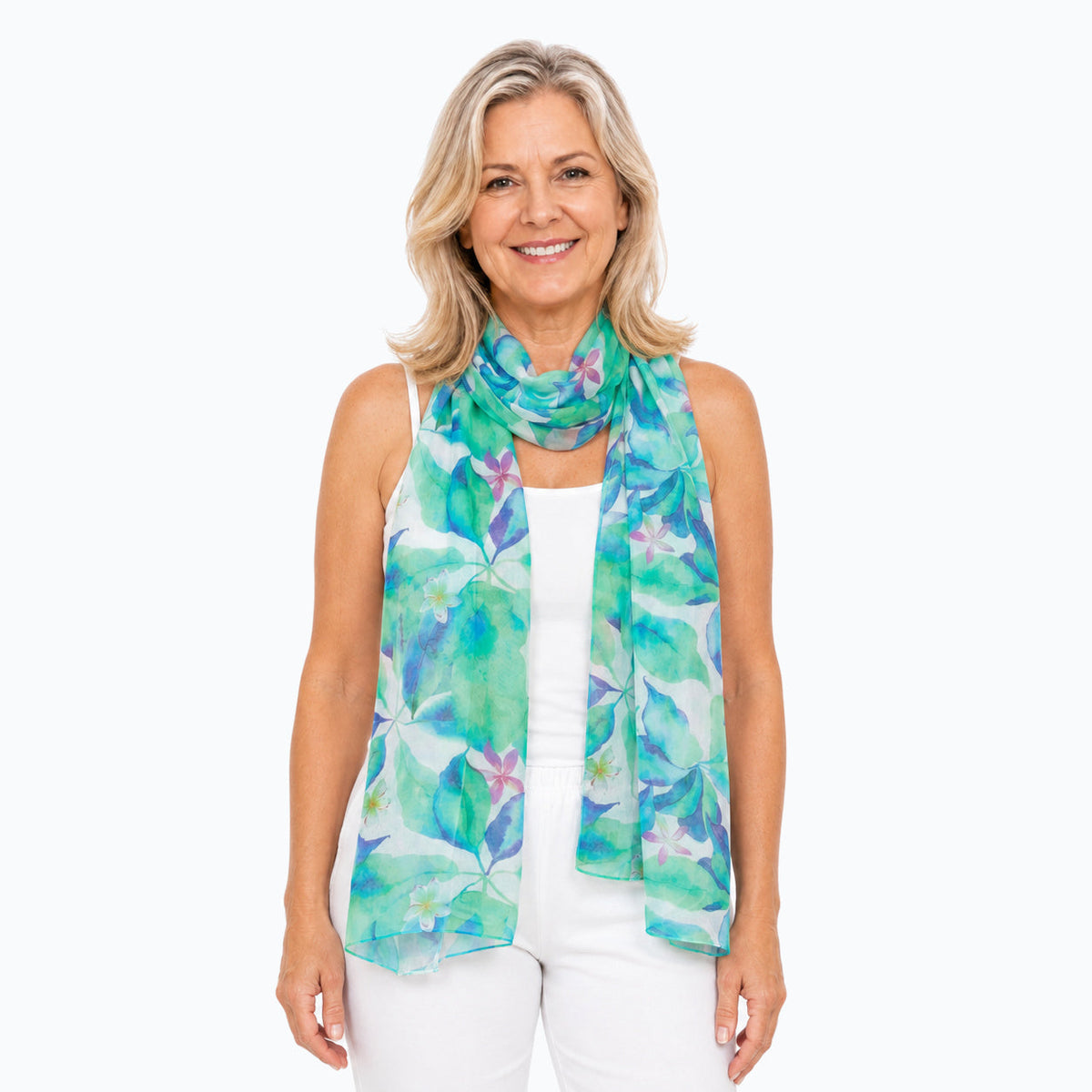 Claire Powell Broome scarf loosely looped around the neck, front view
