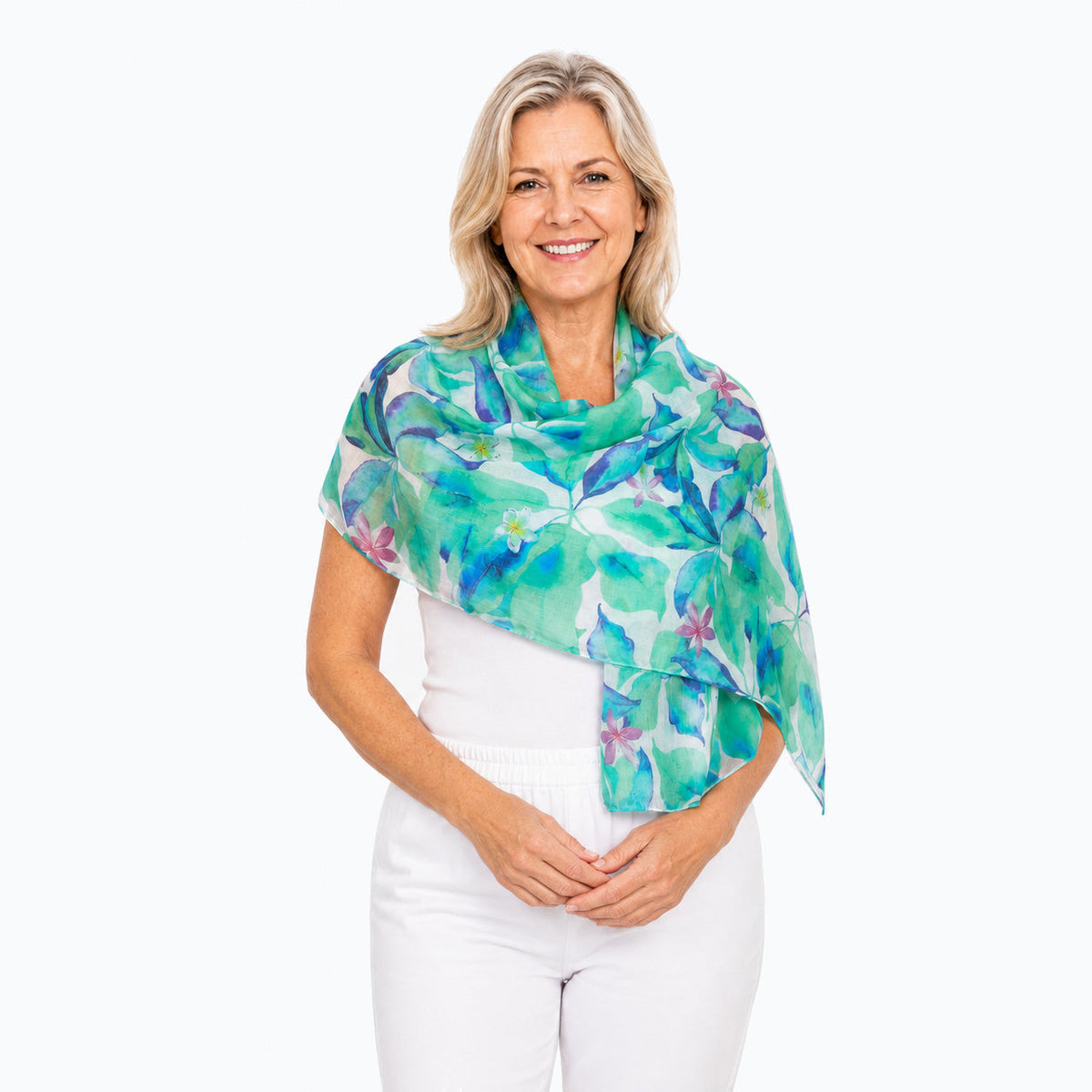Claire Powell Broome scarf draped across the shoulders over a white camisole