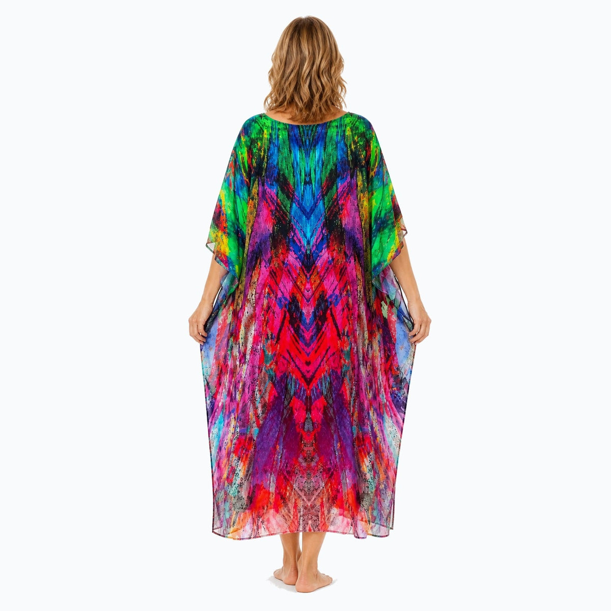 Claire Powell Carnival midi kaftan dress on a mature woman, back view