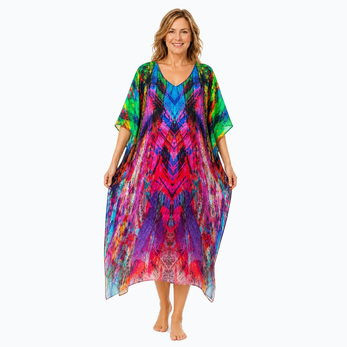 Claire Powell Carnival midi kaftan dress on a mature woman, front view