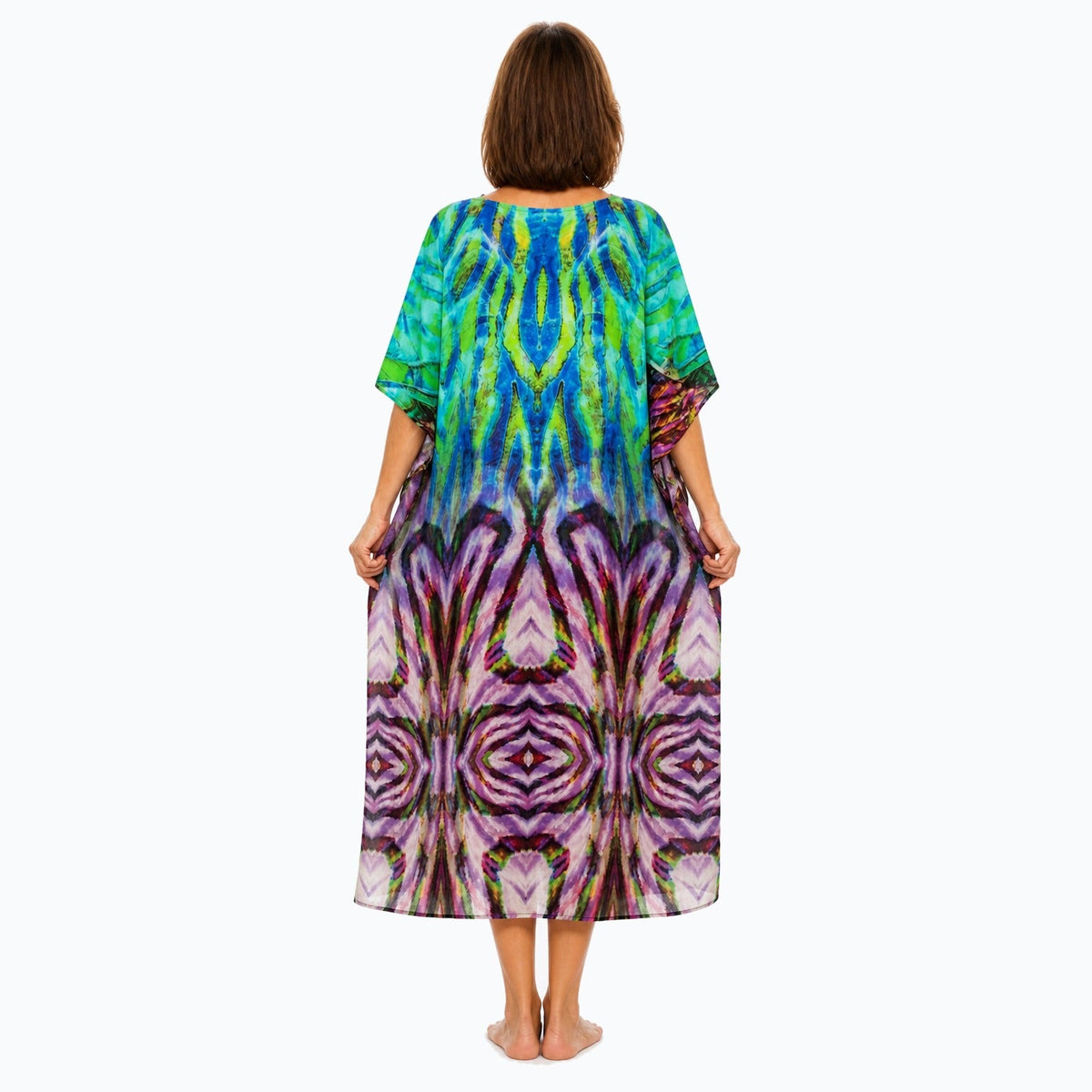 Claire Powell Cascade midi kaftan dress on a mature woman, back view