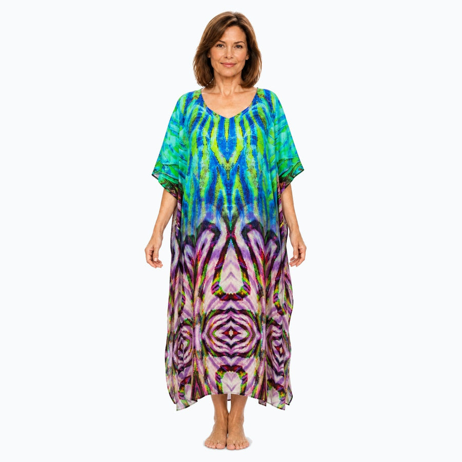 Claire Powell Cascade midi kaftan dress on a mature woman, front view
