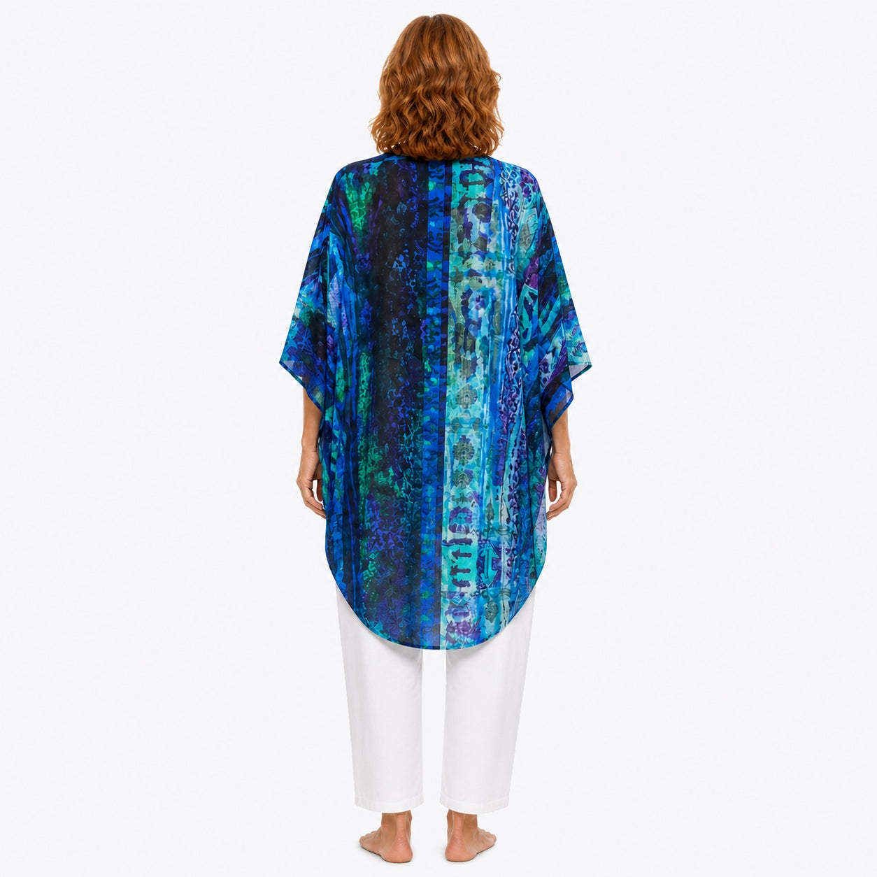 Woman wearing the Claire Powell Dream Modal Kimono Cover-Up, back view