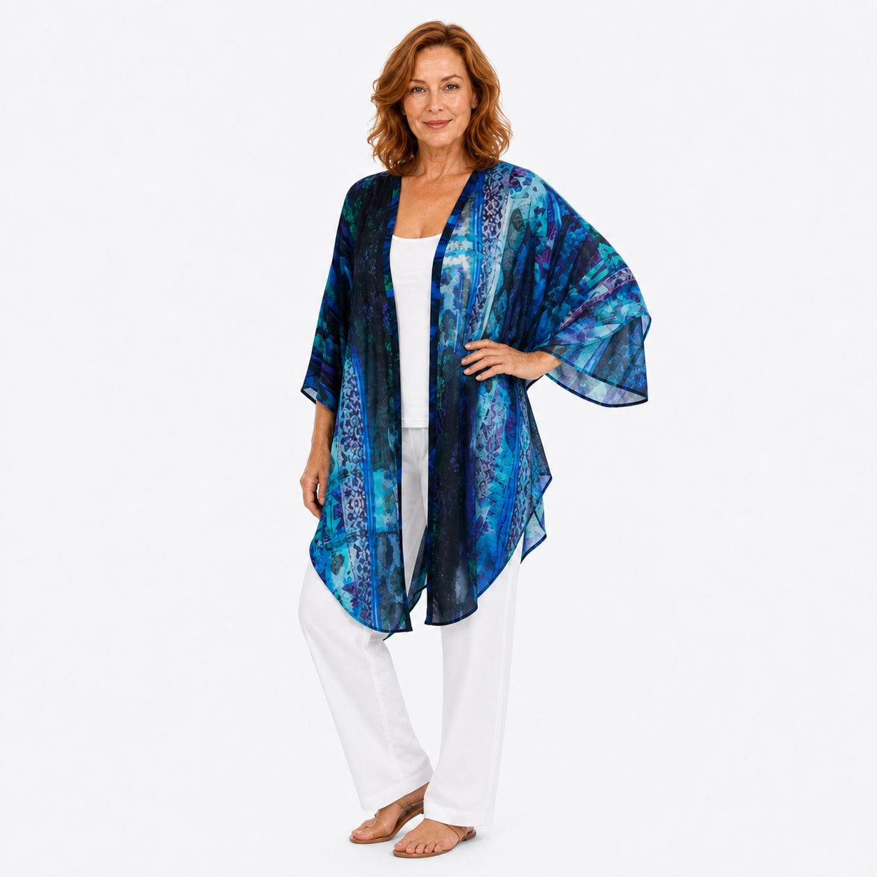 Woman wearing the Claire Powell Dream Modal Kimono Cover-Up, fashion pose