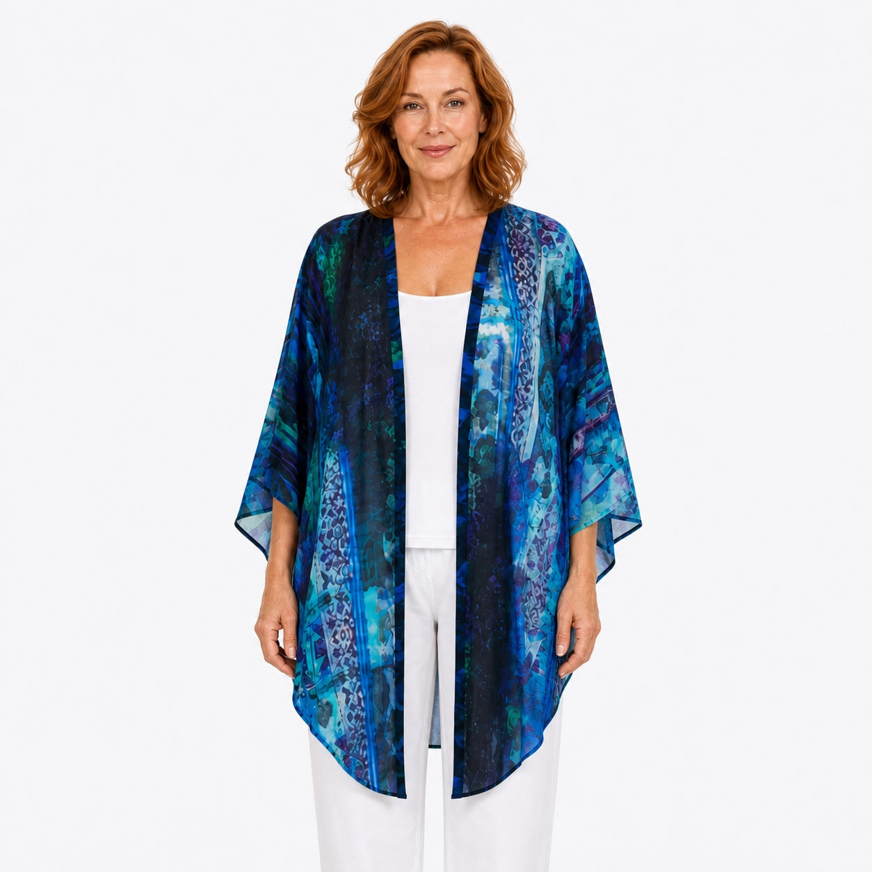 Woman wearing the Claire Powell Dream Modal Kimono Cover-Up, front view