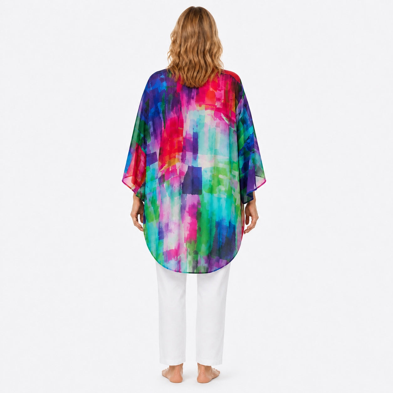 Woman wearing the Claire Powell Dynamic Modal Kimono Cover-Up, back view