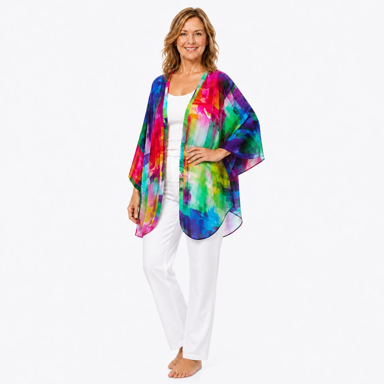 Woman wearing the Claire Powell Dynamic Modal Kimono Cover-Up, fashion pose