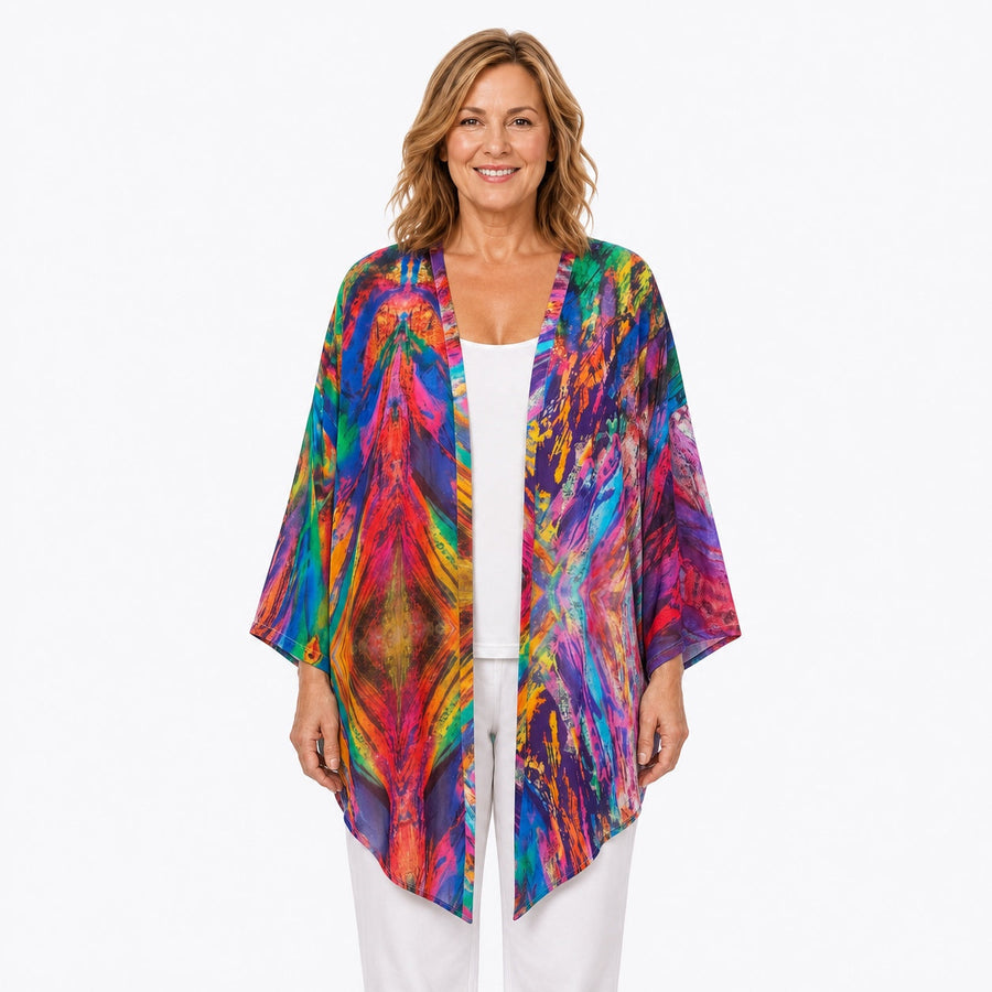 Woman wearing the Claire Powell Dynamic Modal Kimono Cover-Up, front view