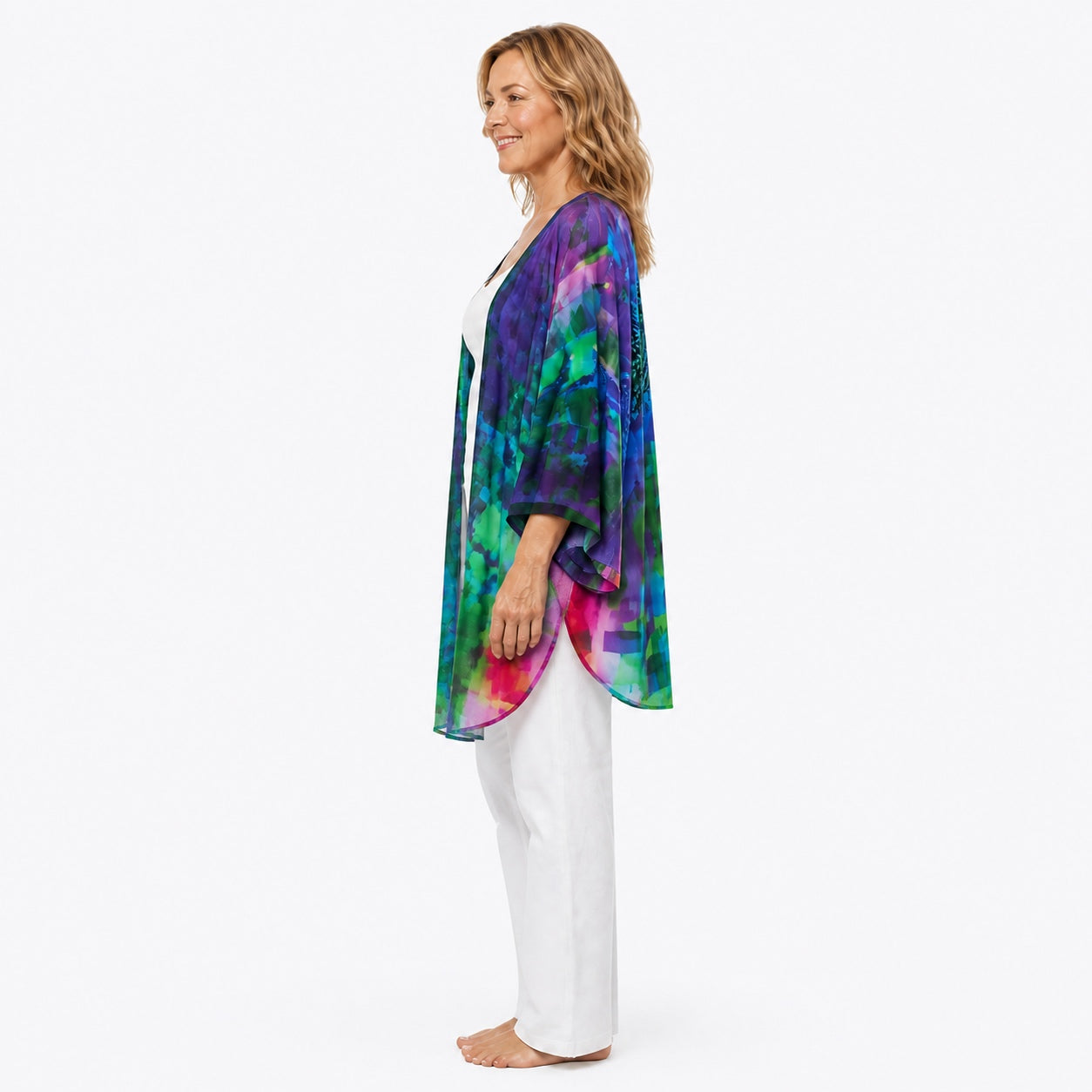 Woman wearing the Claire Powell Dynamic Modal Kimono Cover-Up, side view