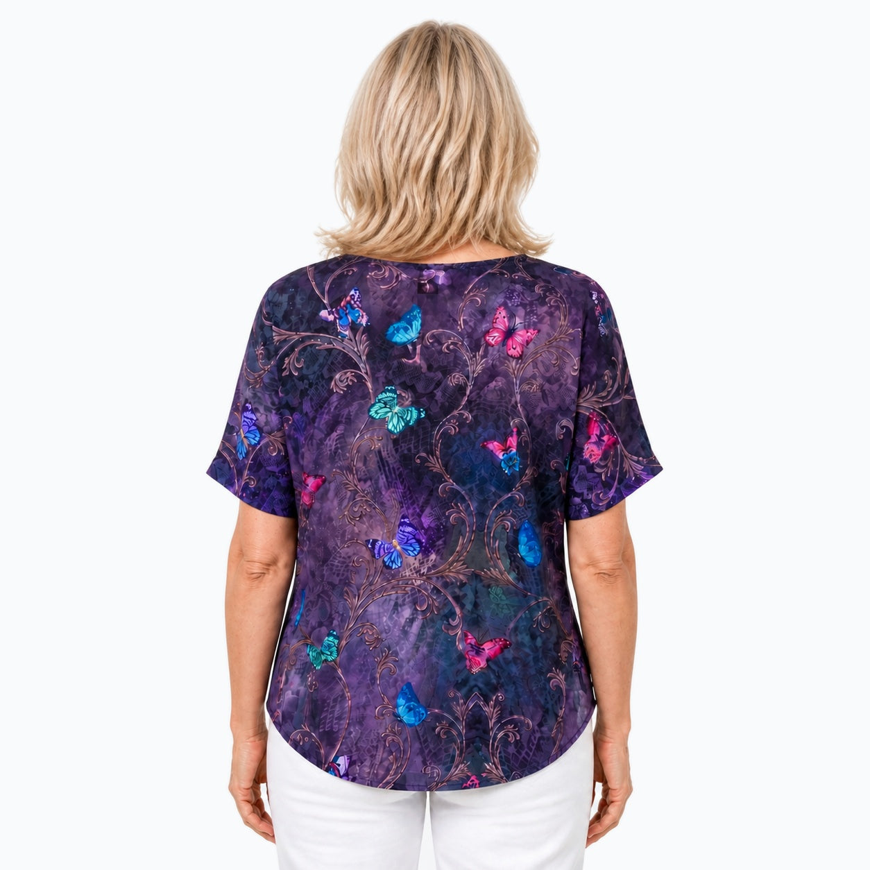 Woman wearing the Claire Powell Enchanted V-Neck T-Shirt, back view