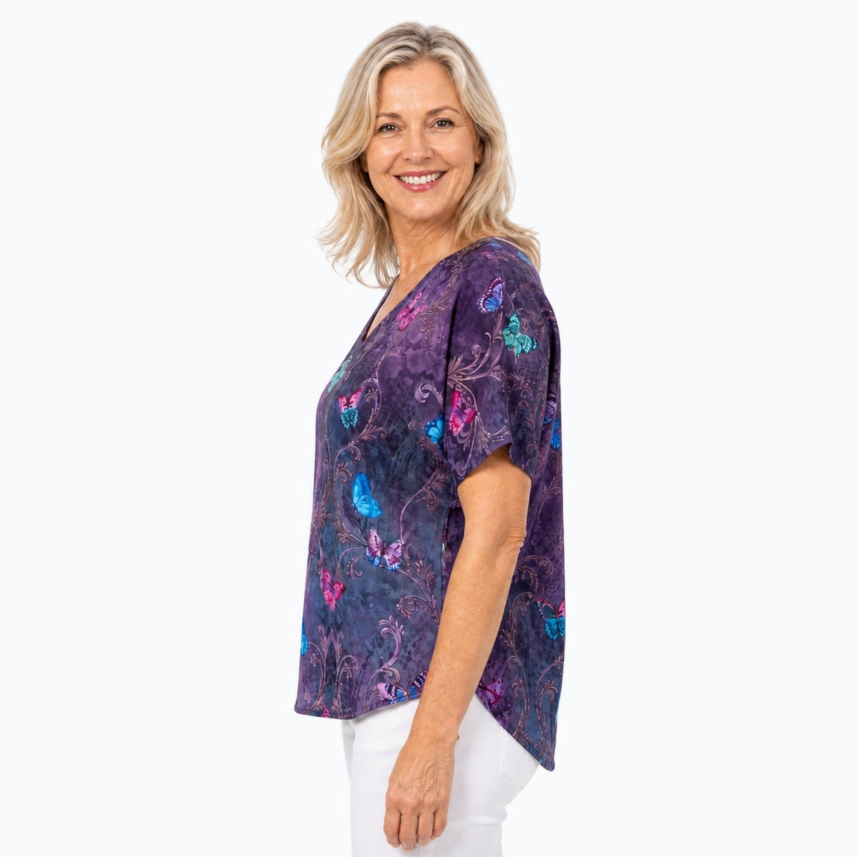 Woman wearing the Claire Powell Enchanted V-Neck T-Shirt, side view