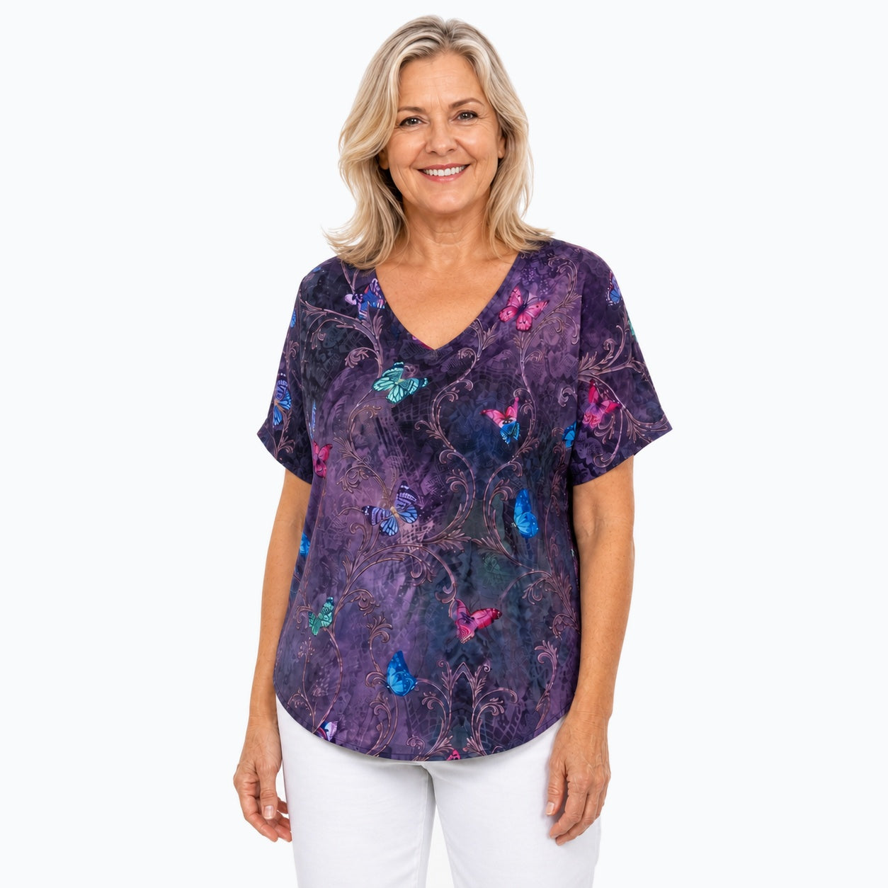 Woman wearing the Claire Powell Enchanted V-Neck T-Shirt, three-quarter view