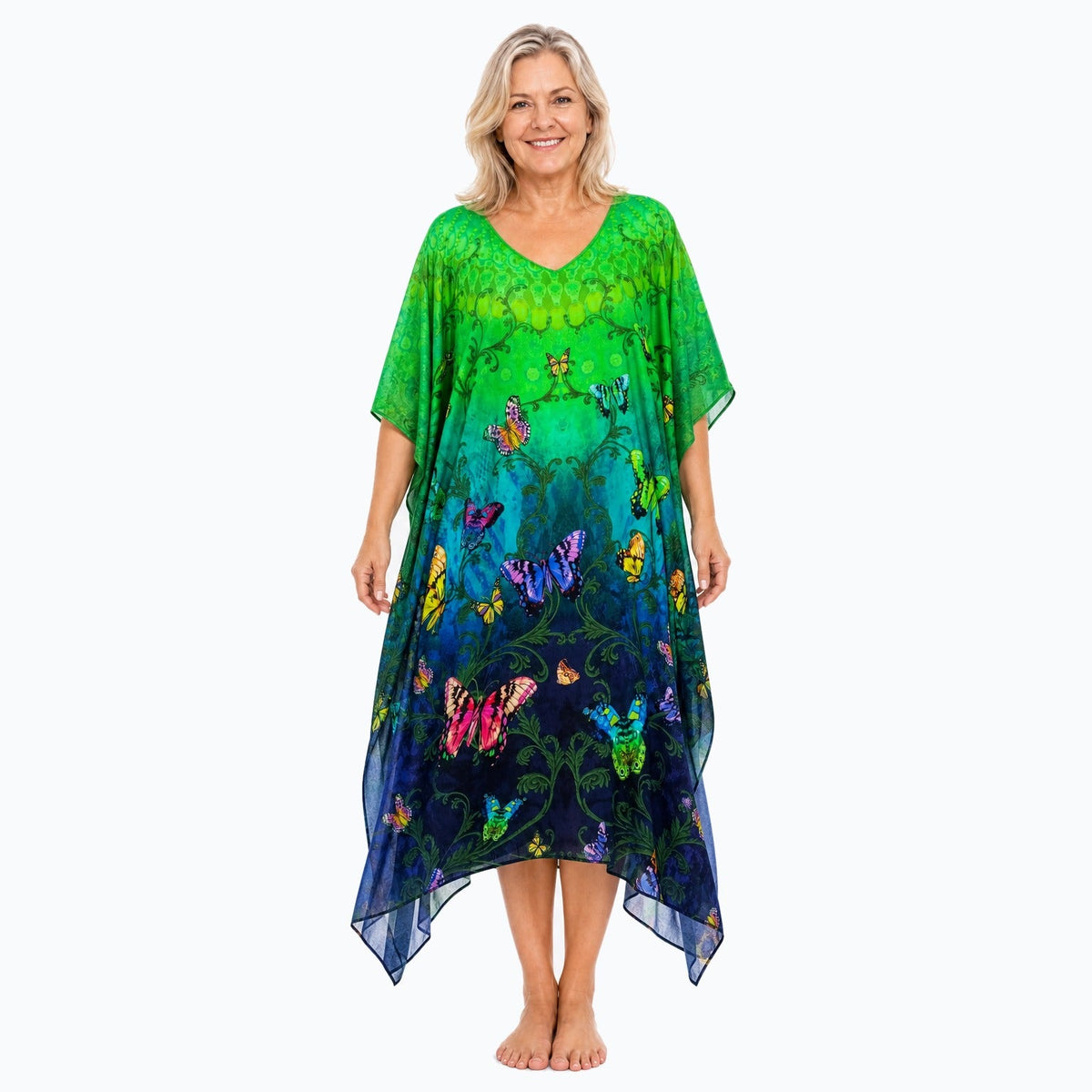 Claire Powell Flutter midi kaftan dress on a mature woman, front view