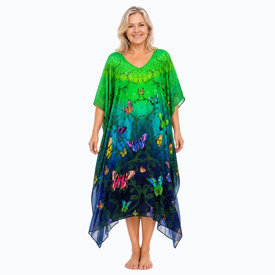 Claire Powell Flutter midi kaftan dress on a mature woman, front view
