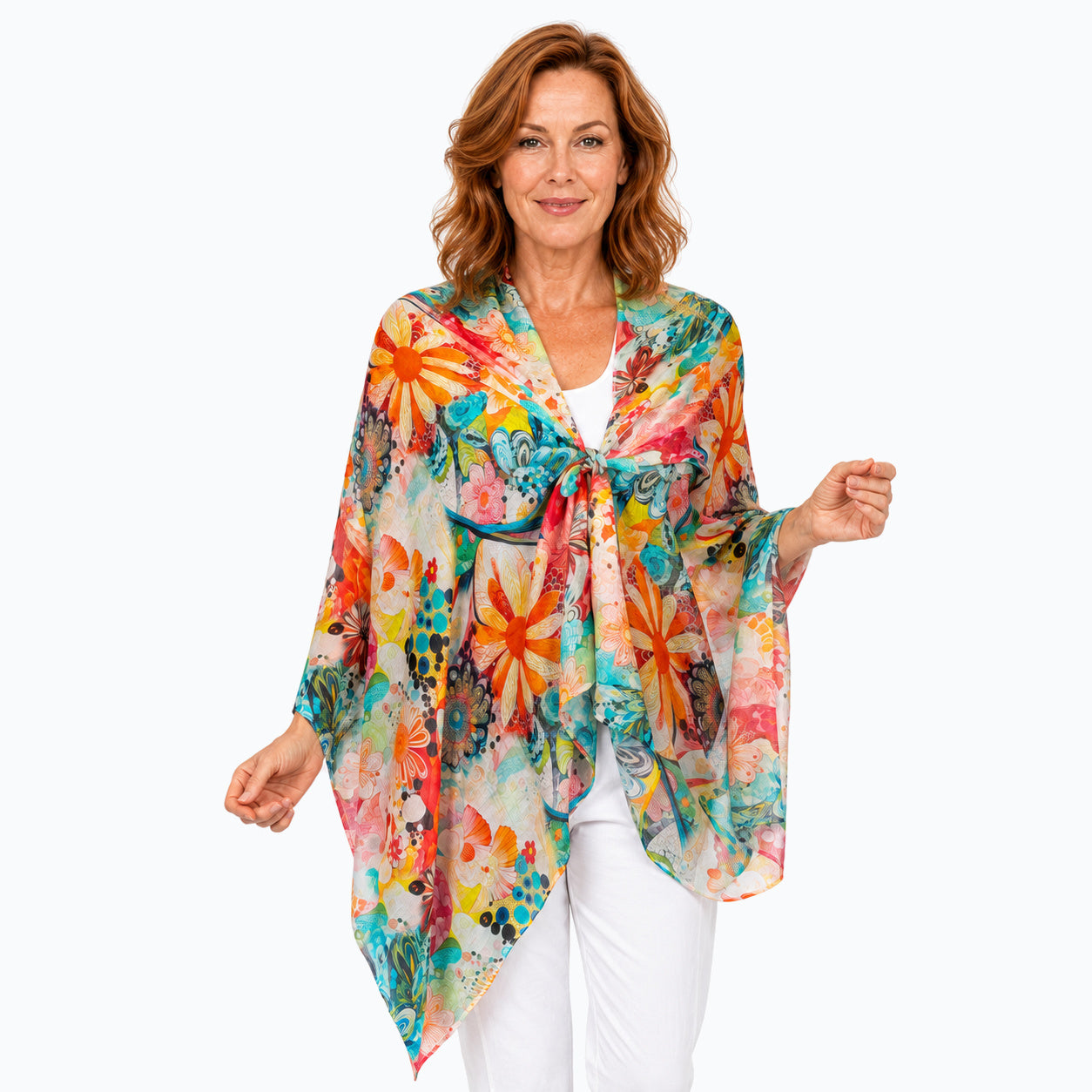 Claire Powell Geisha scarf tied as a shoulder wrap, close front view