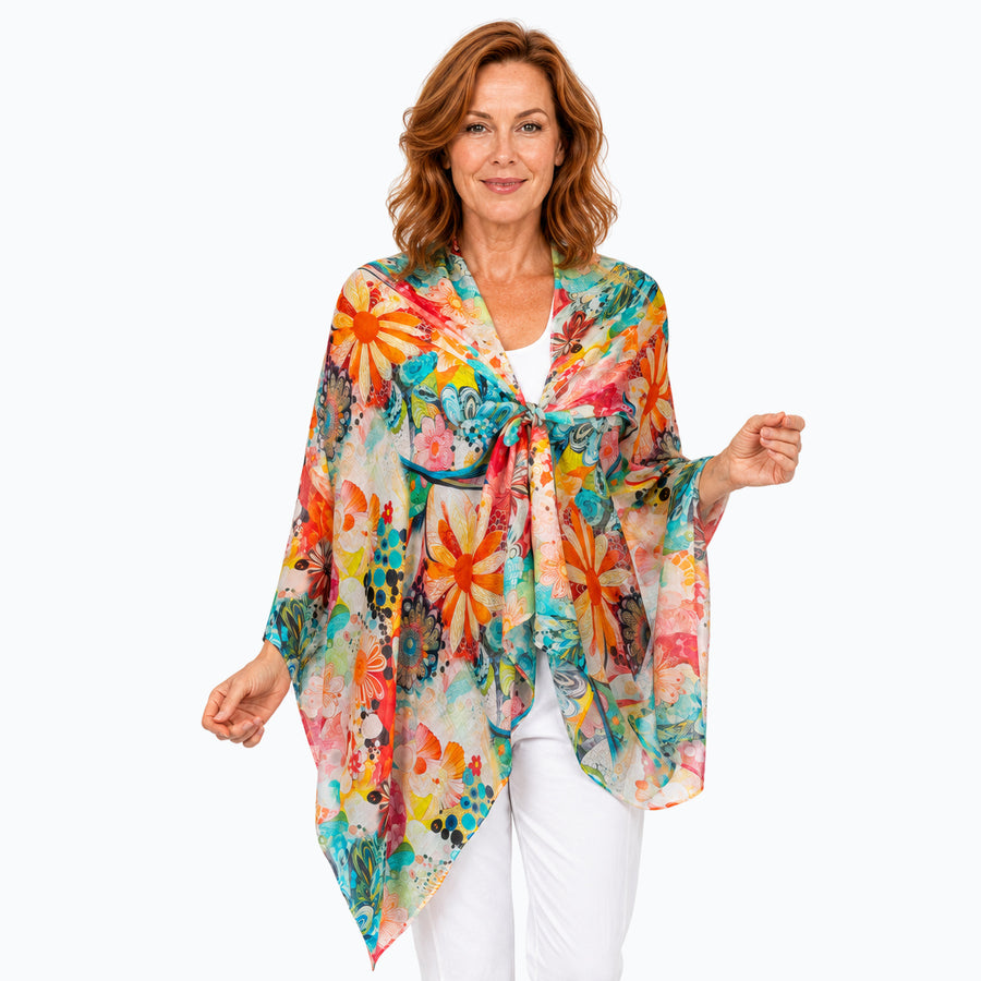 Claire Powell Geisha scarf tied as a shoulder wrap, close front view