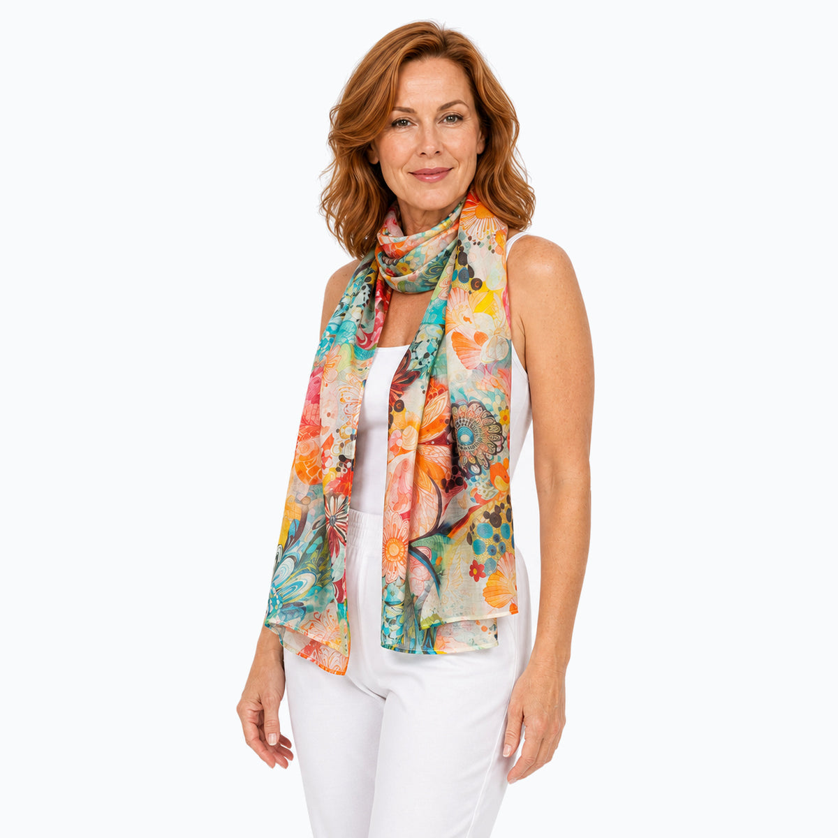 Claire Powell Geisha scarf looped around the neck, three-quarter view
