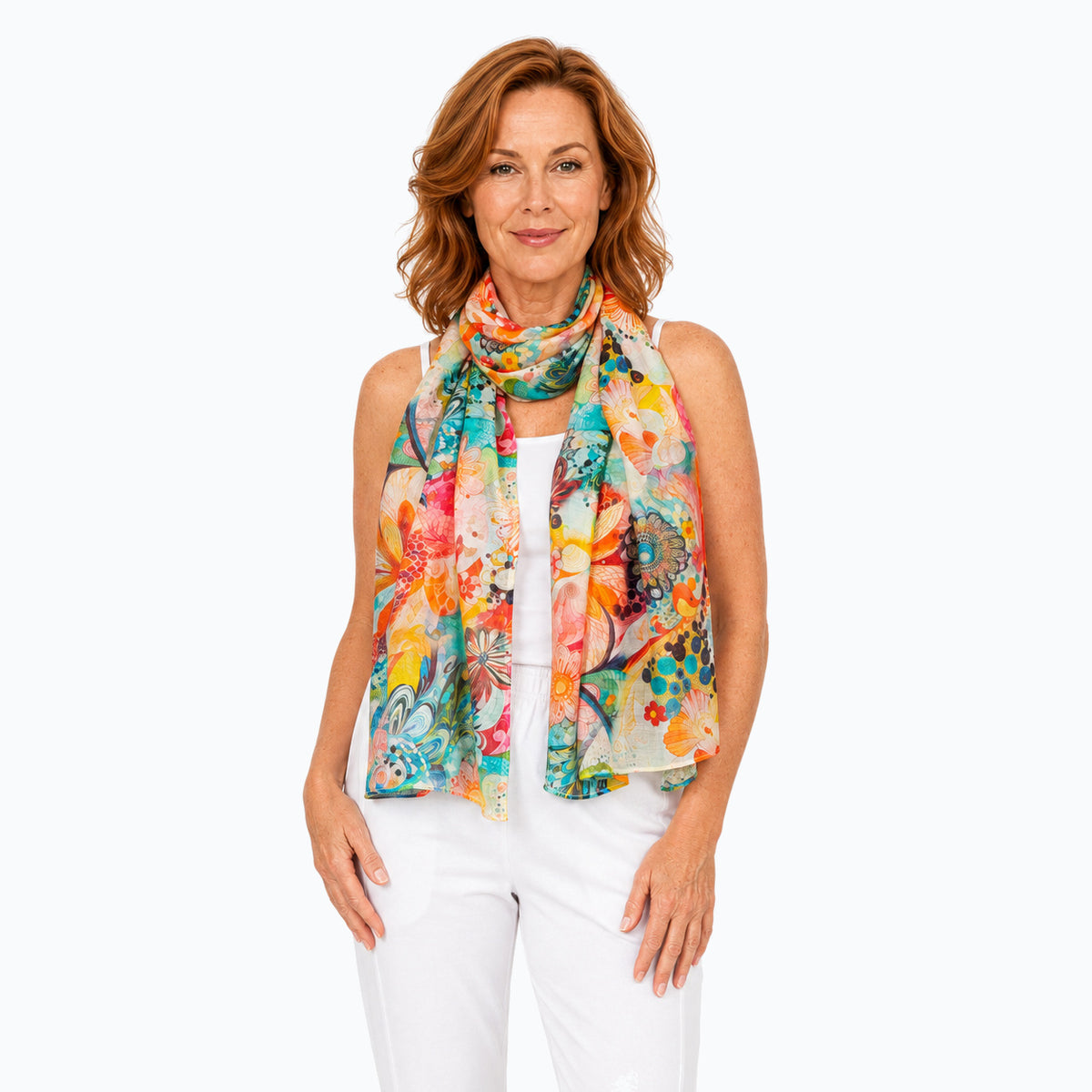 Claire Powell Geisha scarf looped around the neck, front view