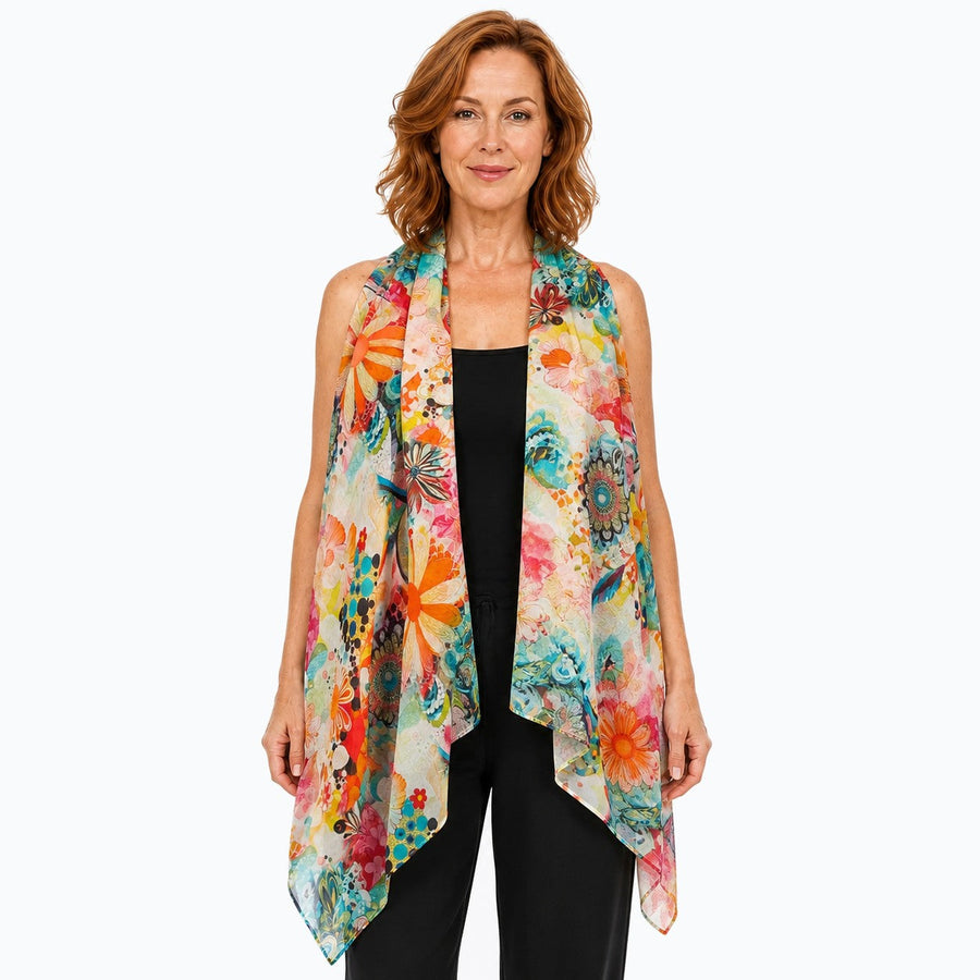 Woman wearing the Claire Powell Geisha Silk Scarf, front view