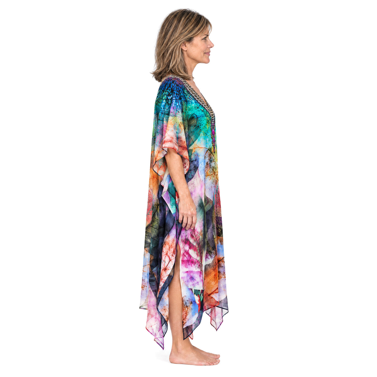 Claire Powell Heaven midi kaftan dress on a mature woman, side view