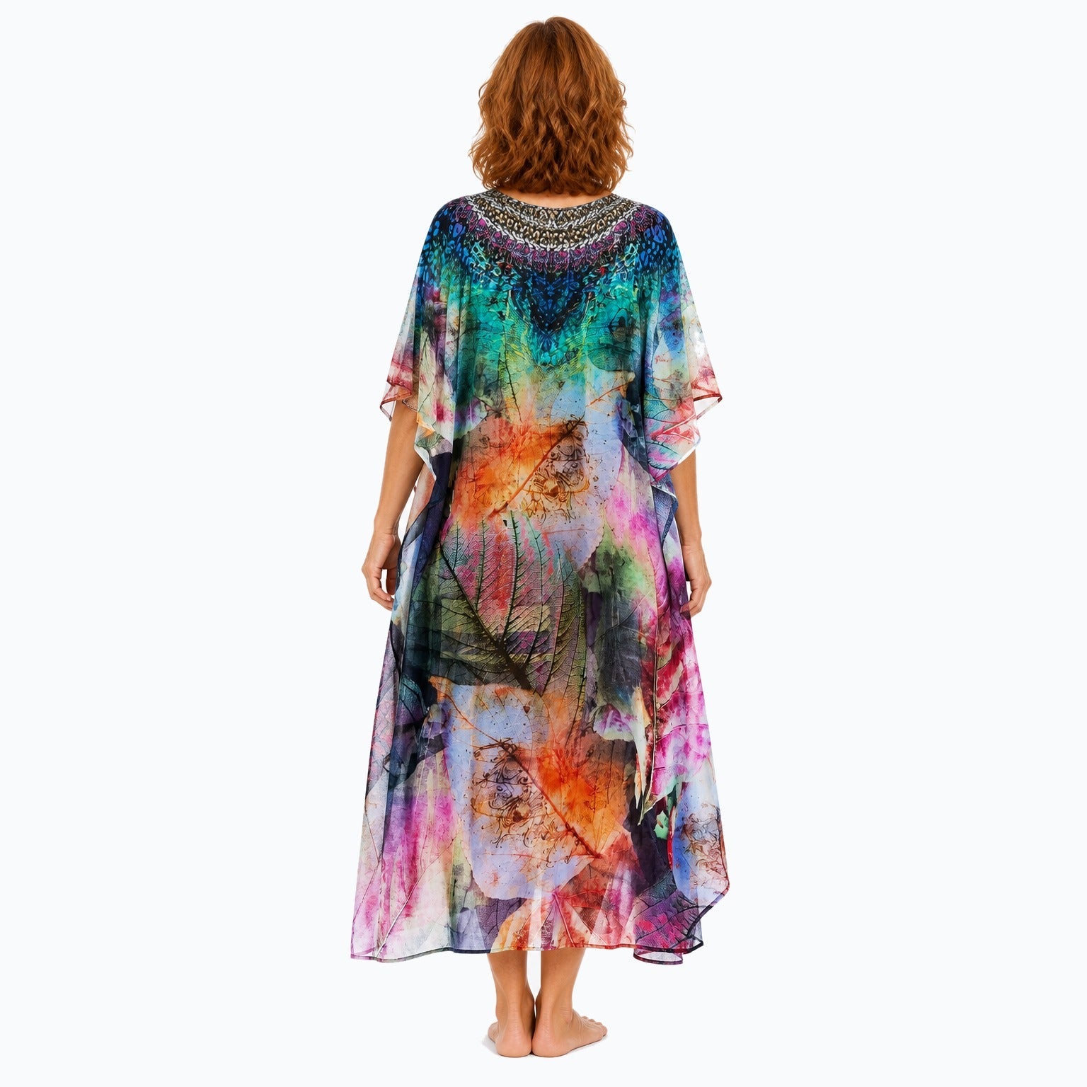 Claire Powell Heaven midi kaftan dress on a mature woman, back view