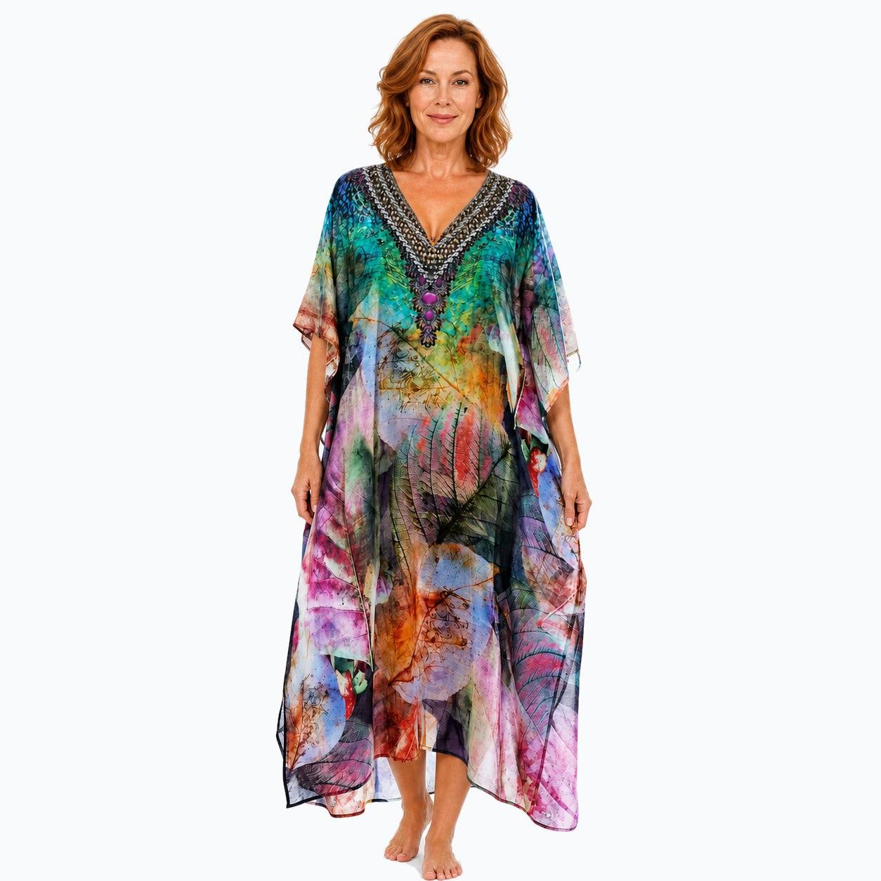 Claire Powell Heaven midi kaftan dress on a mature woman, front view
