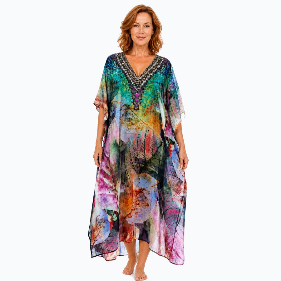 Claire Powell Heaven midi kaftan dress on a mature woman, front view