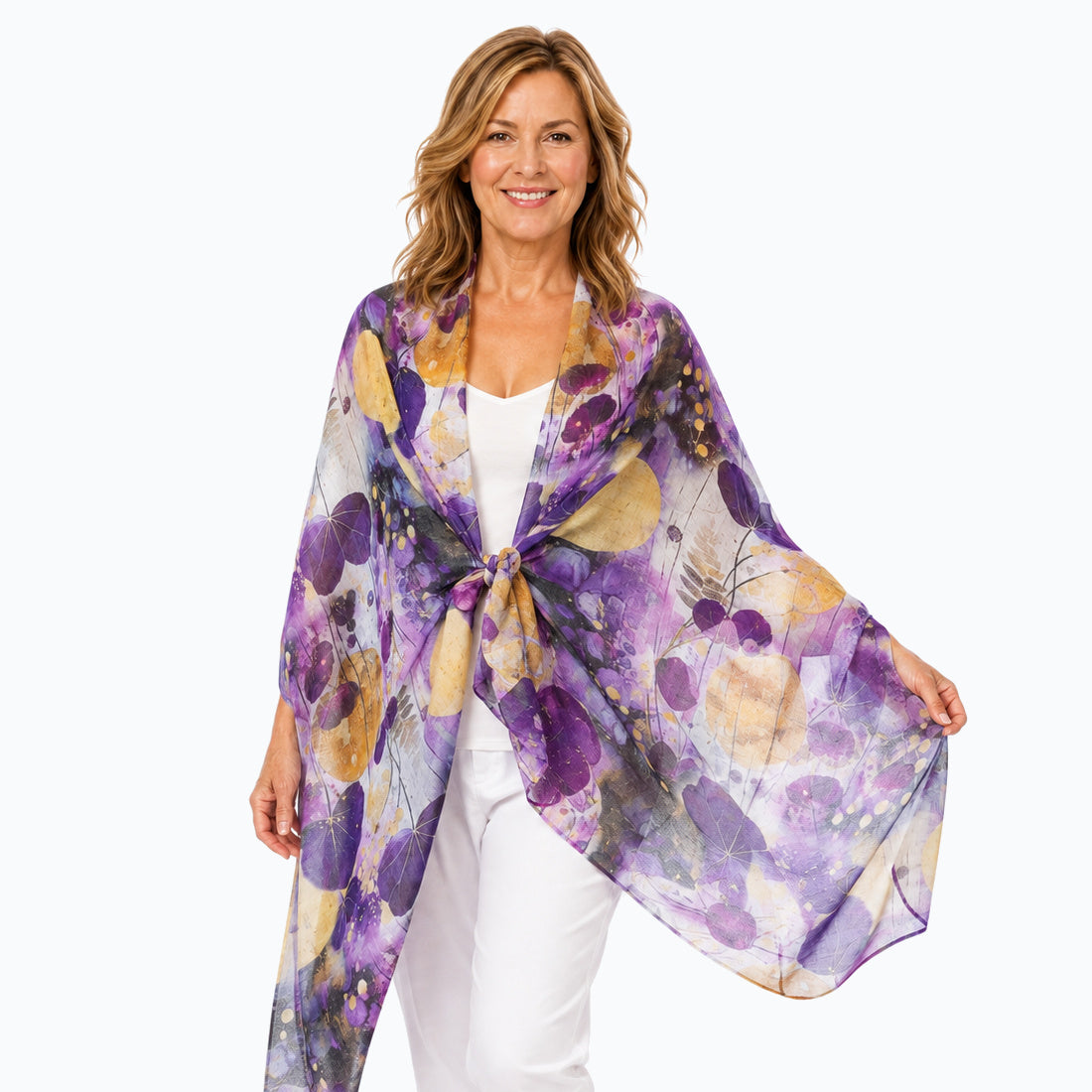 Claire Powell Imperial scarf in purple and gold botanical print, front view with white camisole and white capri pants