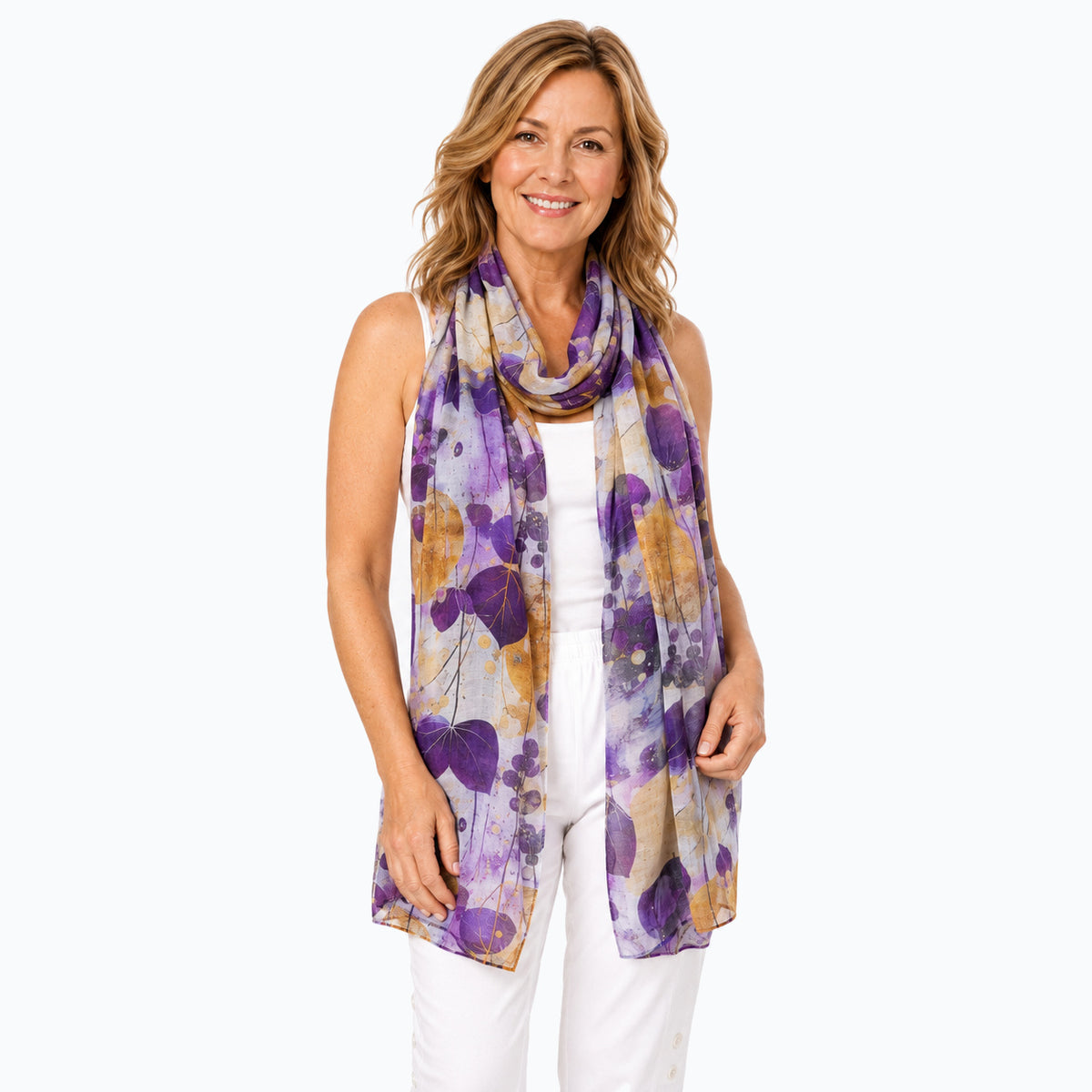 Claire Powell Imperial scarf in purple and gold botanical print, neck wrap view with white camisole and white capri pants