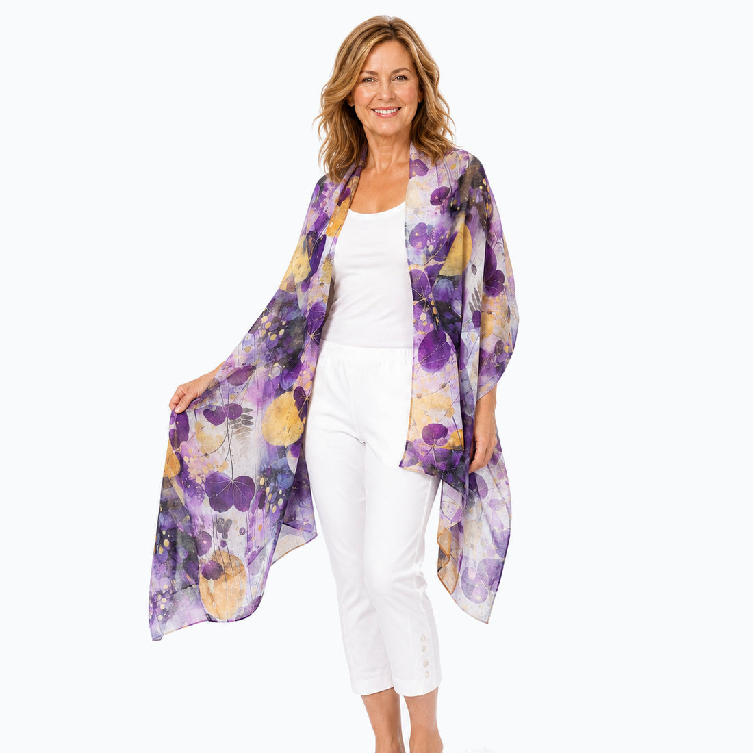 Claire Powell Imperial scarf in purple and gold botanical print, open drape view with white camisole and white capri pants