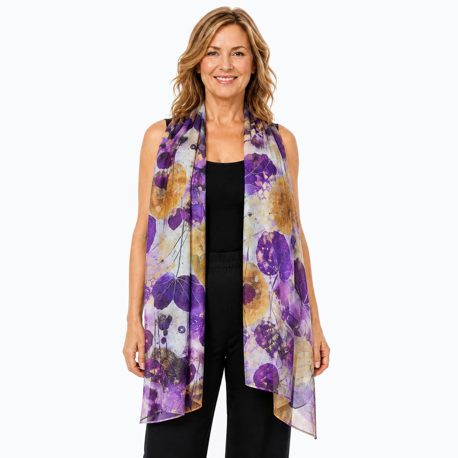 Woman wearing the Claire Powell Imperial Silk Scarf, front view