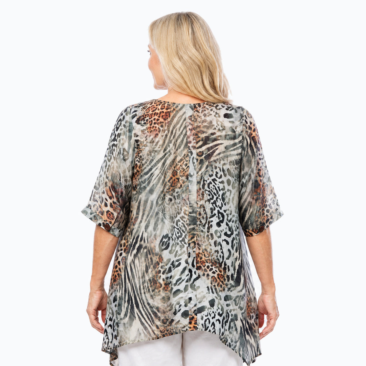 Woman wearing the Claire Powell Jungle A-Line Tunic Shirt, back view