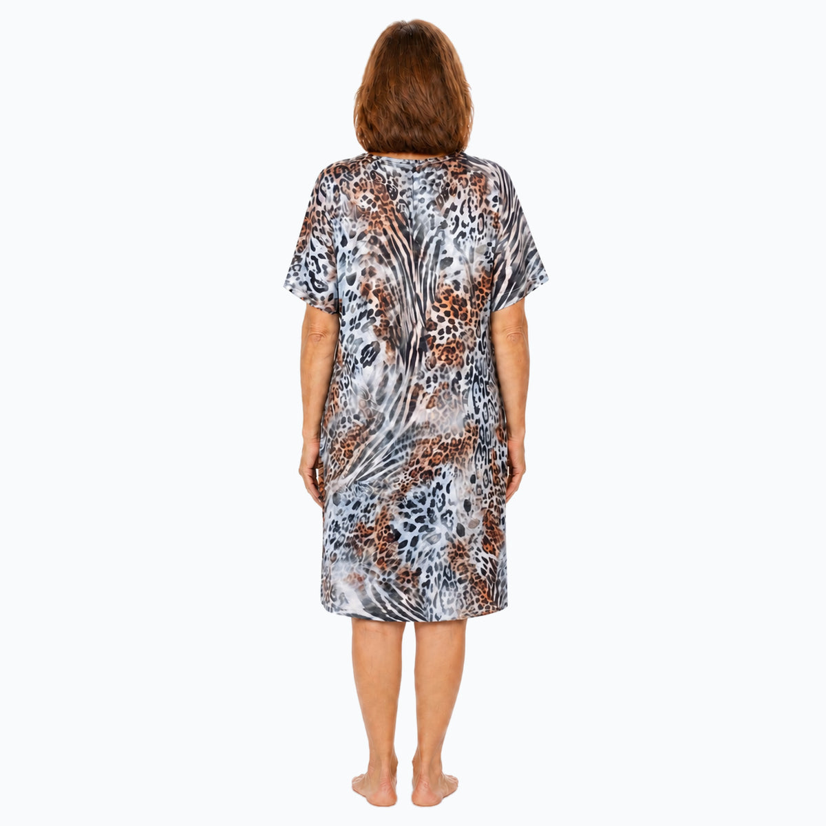 Jungle shift dress back view on model
