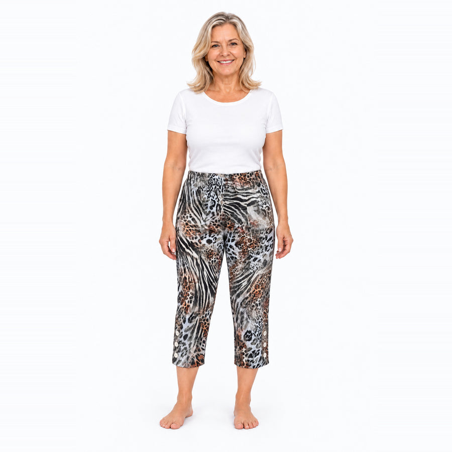 Woman wearing Claire Powell Jungle capri pants, front view