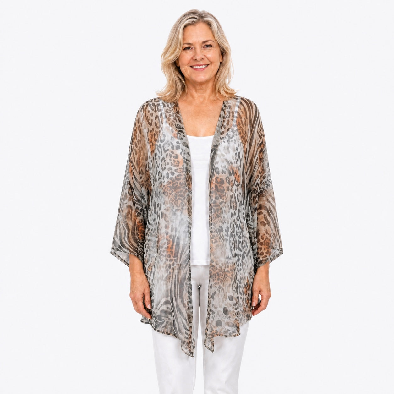 Woman wearing the Claire Powell Jungle Cotton Chiffon Kimono Cover-Up, front view