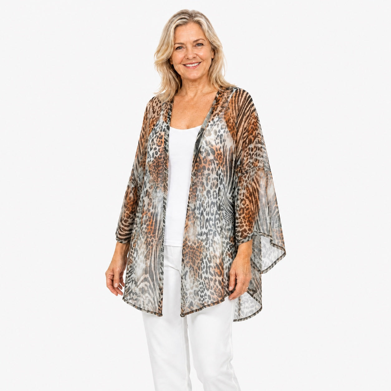 Woman wearing the Claire Powell Jungle Cotton Chiffon Kimono Cover-Up, three-quarter view