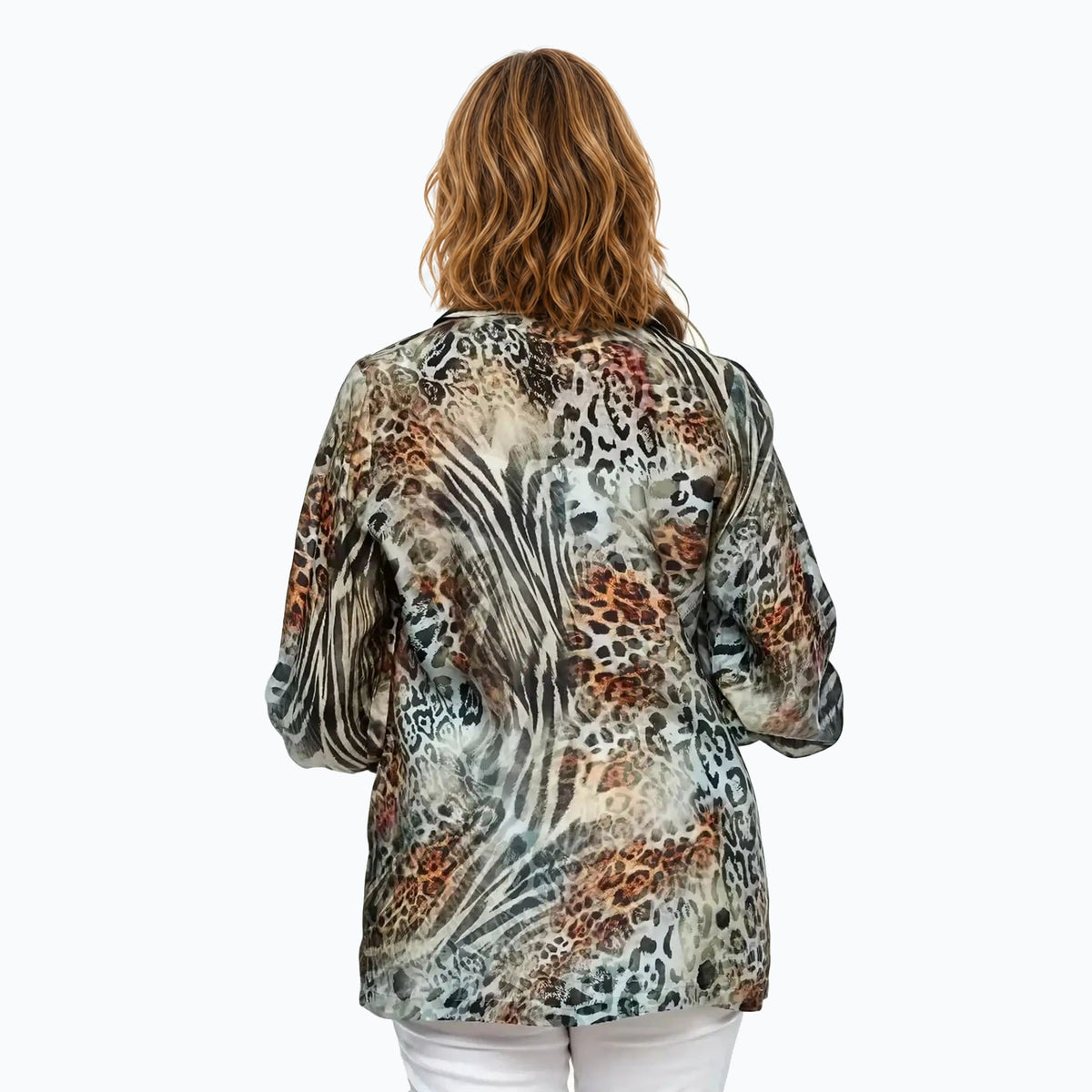 Model D wearing the Claire Powell Jungle Collared Silk Shirt, back view