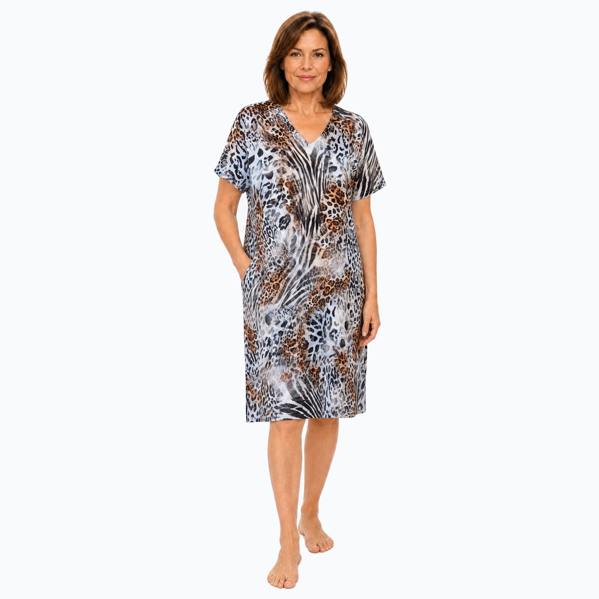 Jungle shift dress front view on model