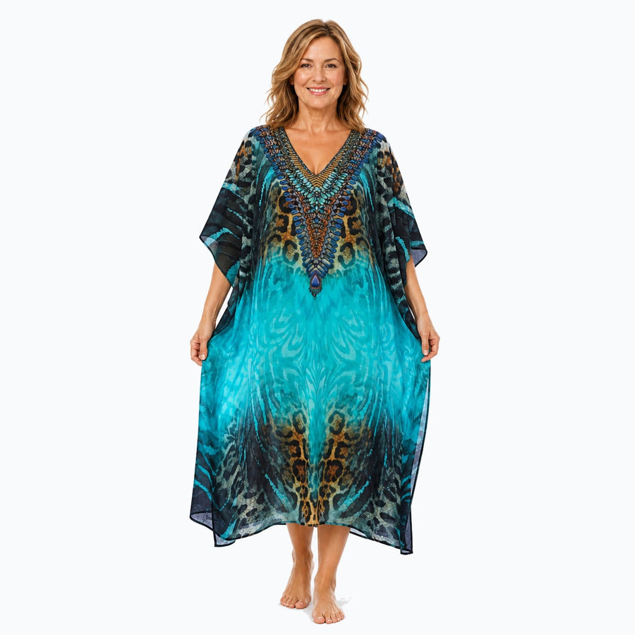 Claire Powell Jungle midi kaftan dress on a mature woman, front view
