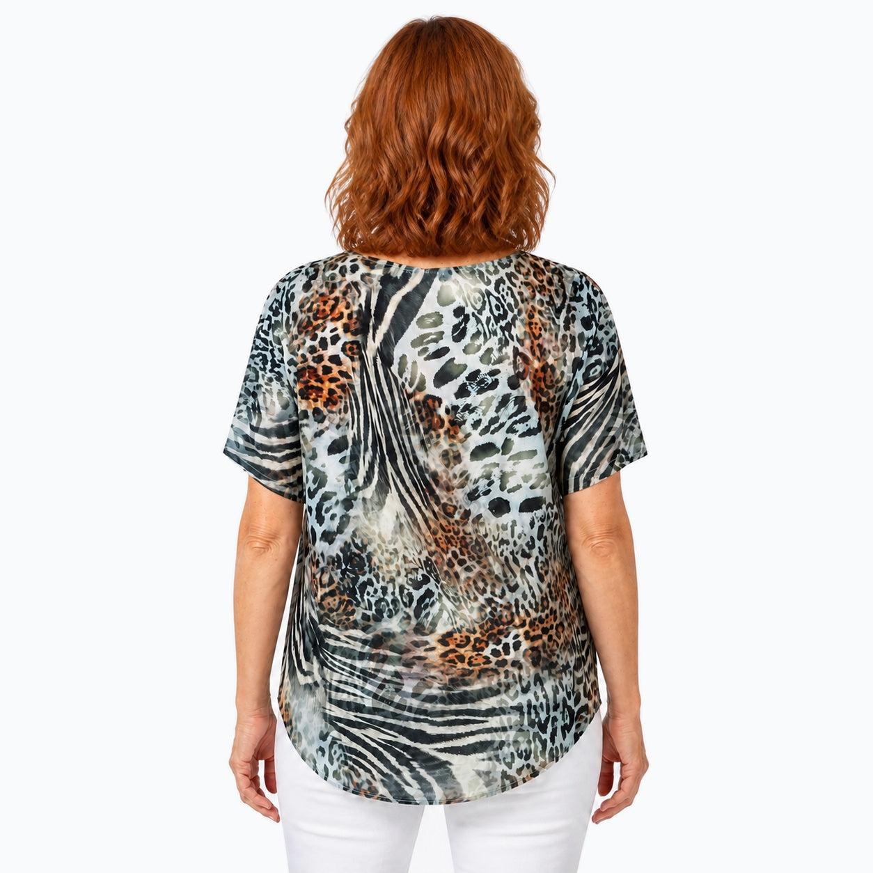 Woman wearing the Claire Powell Jungle V-Neck T-Shirt, back view