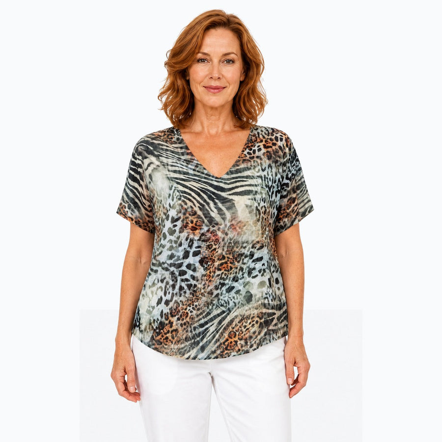 Woman wearing the Claire Powell Jungle V-Neck T-Shirt, front view