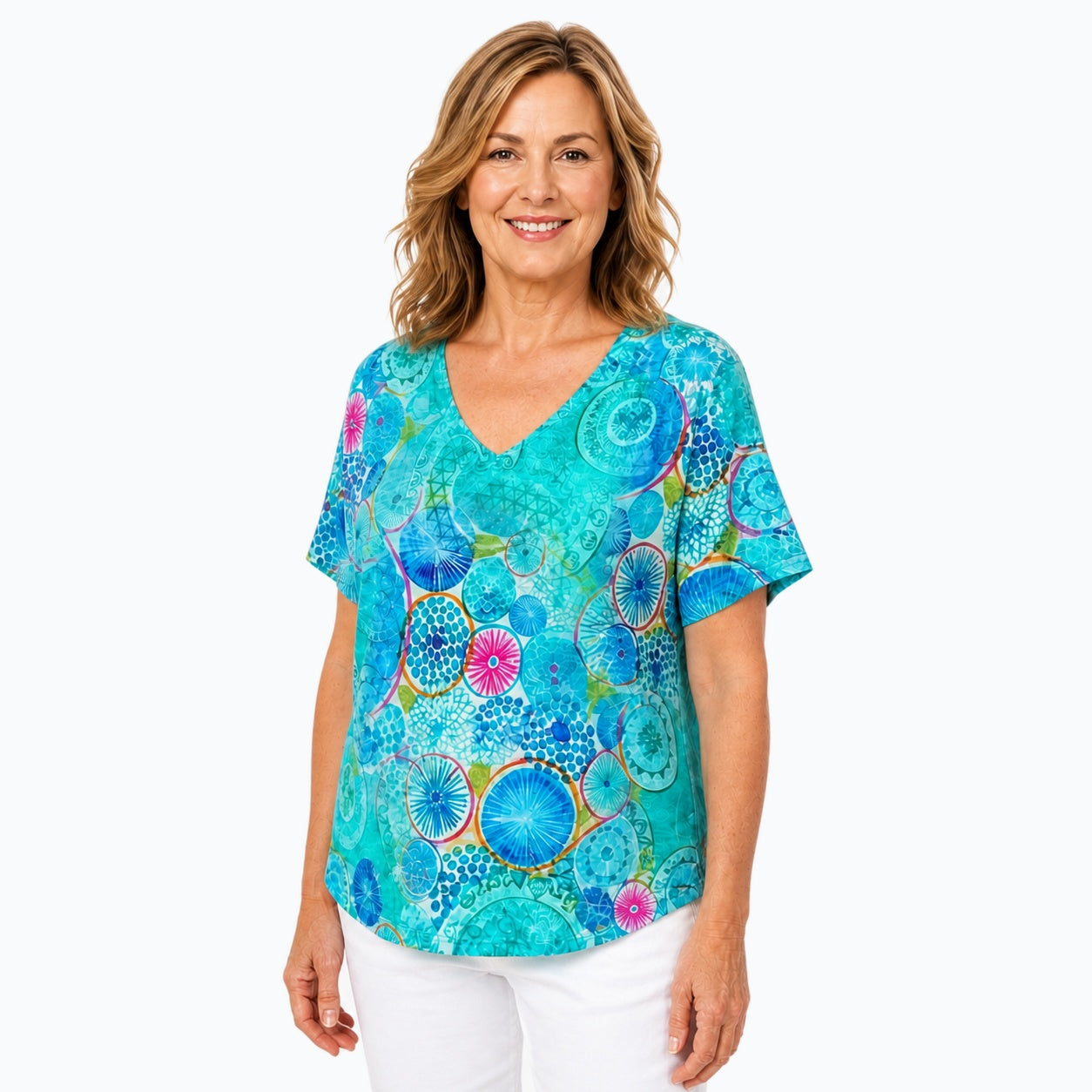 Woman wearing the Claire Powell Kaleido V-Neck T-Shirt, three-quarter view